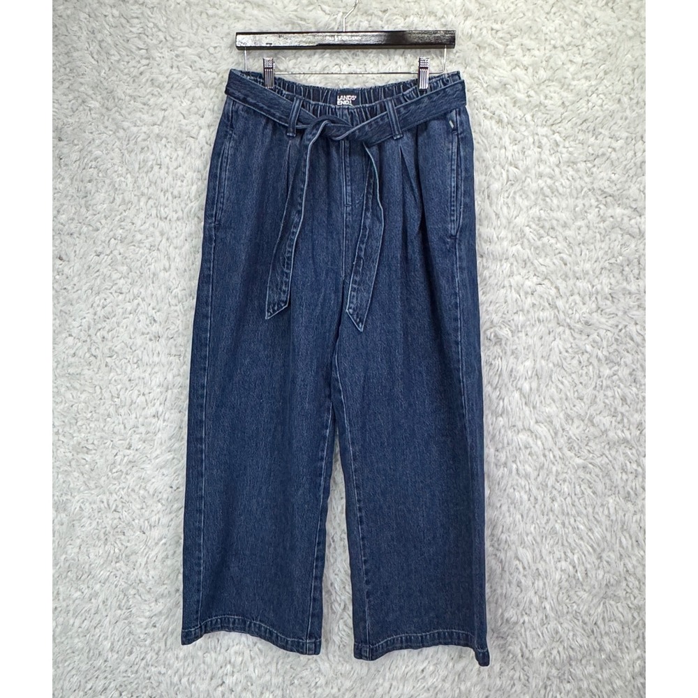 Lands End Wide Leg Denim Culottes S/P 6-8 Blue Paperbag Waist Belted Coastal